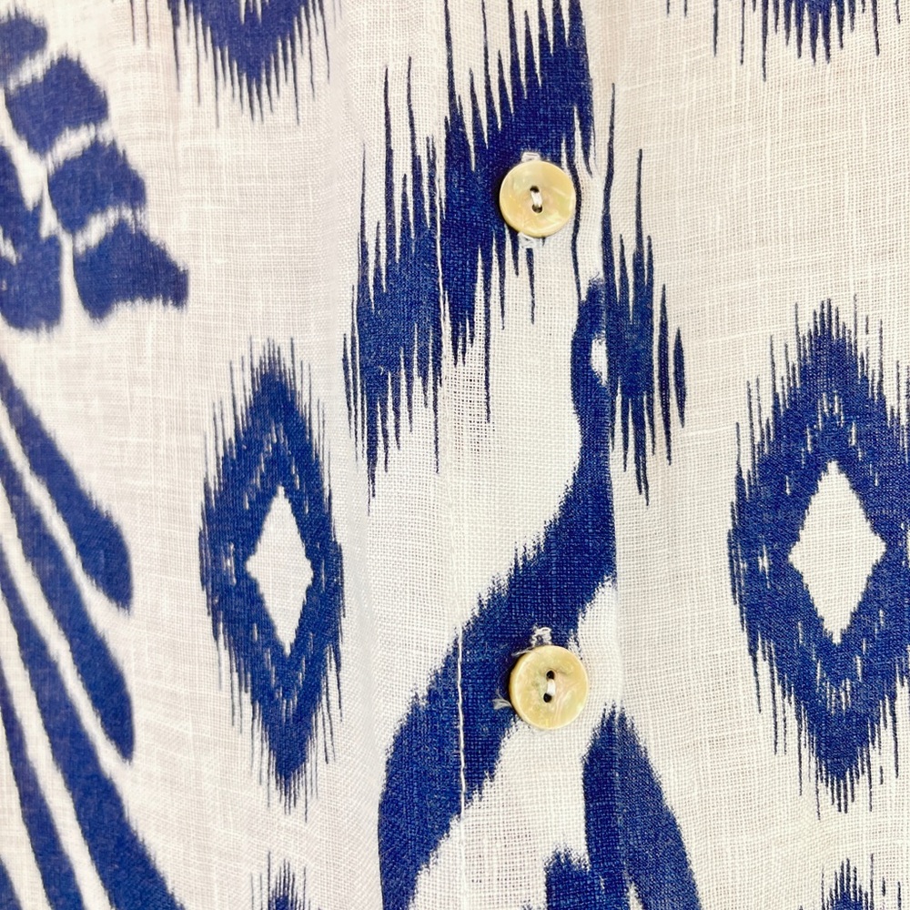 Luisa Perla 100% Linen Dress Sleeveless Blue White Ikat Print Resort Chic Sz S - Picture 6 of 12